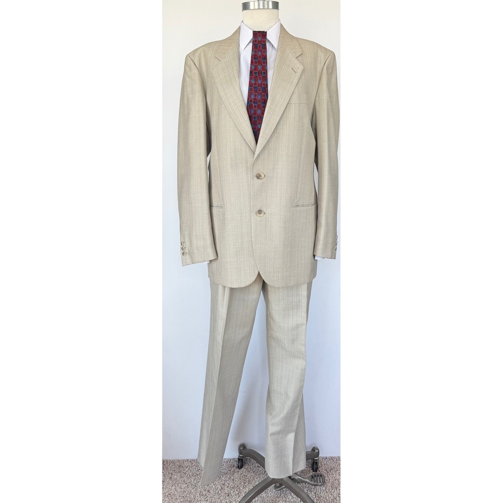 Guy Laroche Couture Mens Beige 2-Piece Suit Made in France Jacket 42R Pants 35